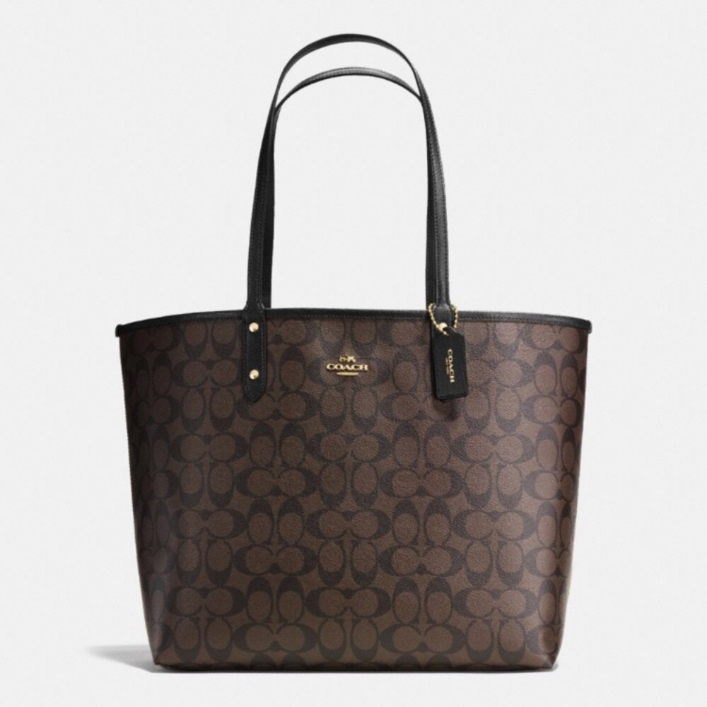 Coach Brown Signature Canvas Tote with Black Trim - Picture 7 of 15
